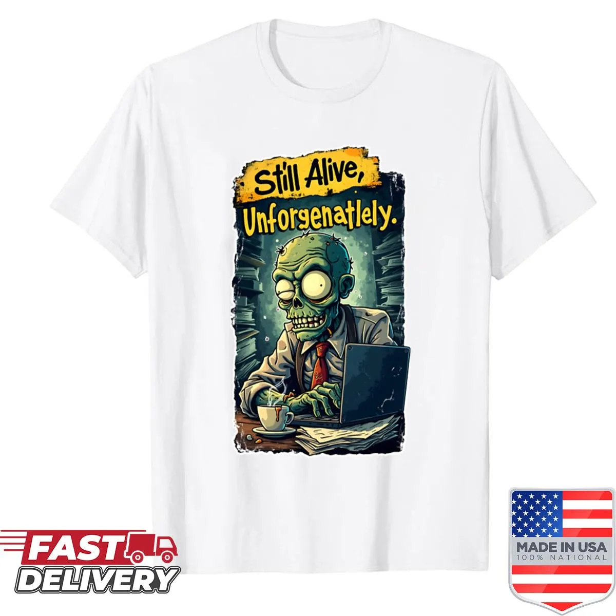 Cartoon of a zombie office worker on a shirt