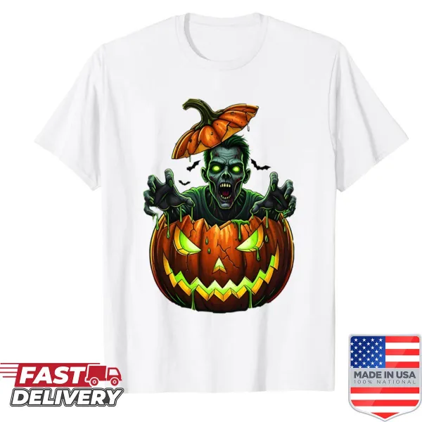 Whimsical t-shirt featuring a zombie pumpkin king illustration