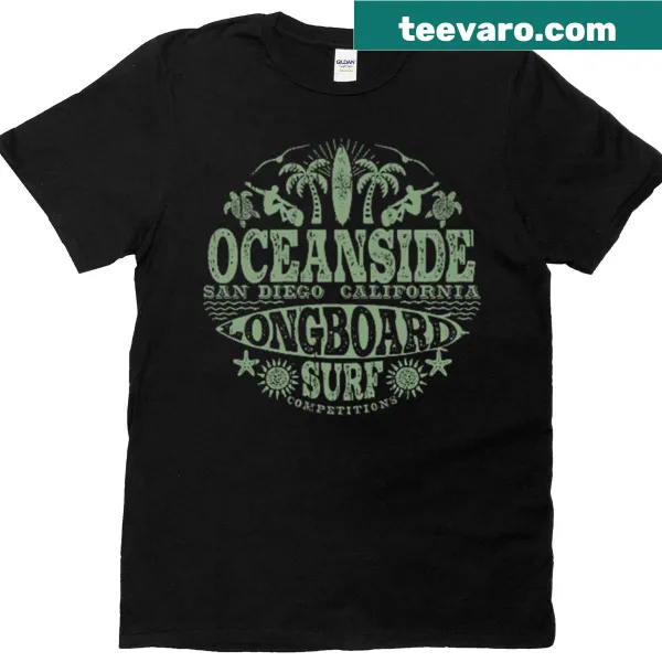 Vintage longboard t-shirt featuring surfing graphics on both sides