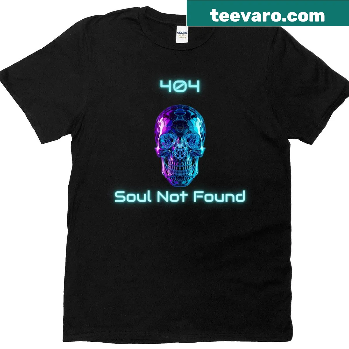 Holographic cyber skull T-shirt in neon glitch style — on a men's t-shirt