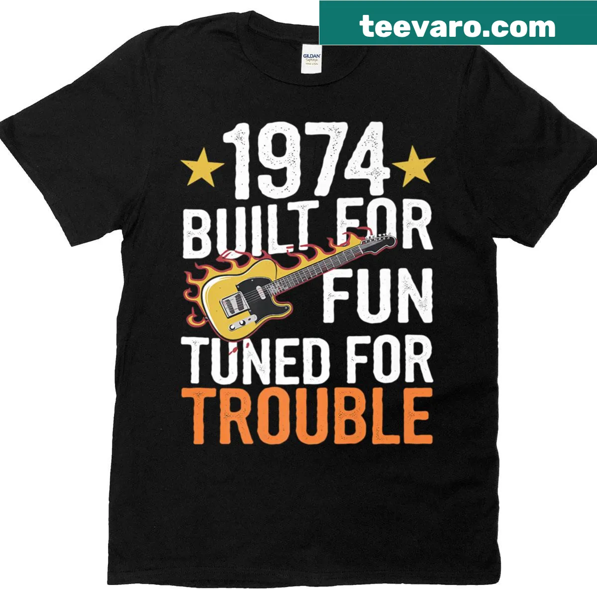 Vintage 1974 birthday t-shirt for guitar lover dads — on a men's t-shirt