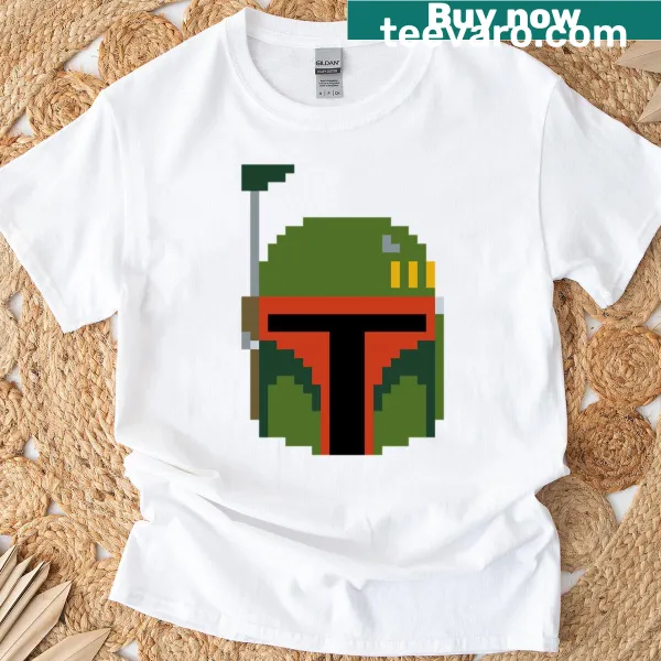 Retro 8-bit graphic of Boba Fett on a gaming tee