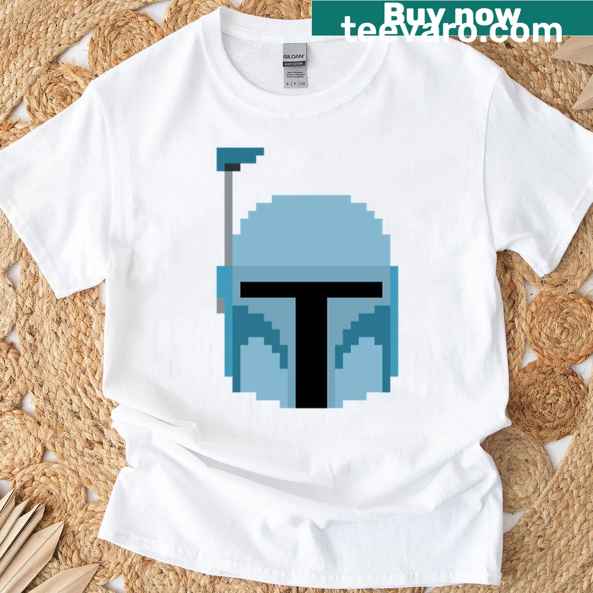 8-bit cartoon t-shirt featuring Boba Fett — on a men's t-shirt