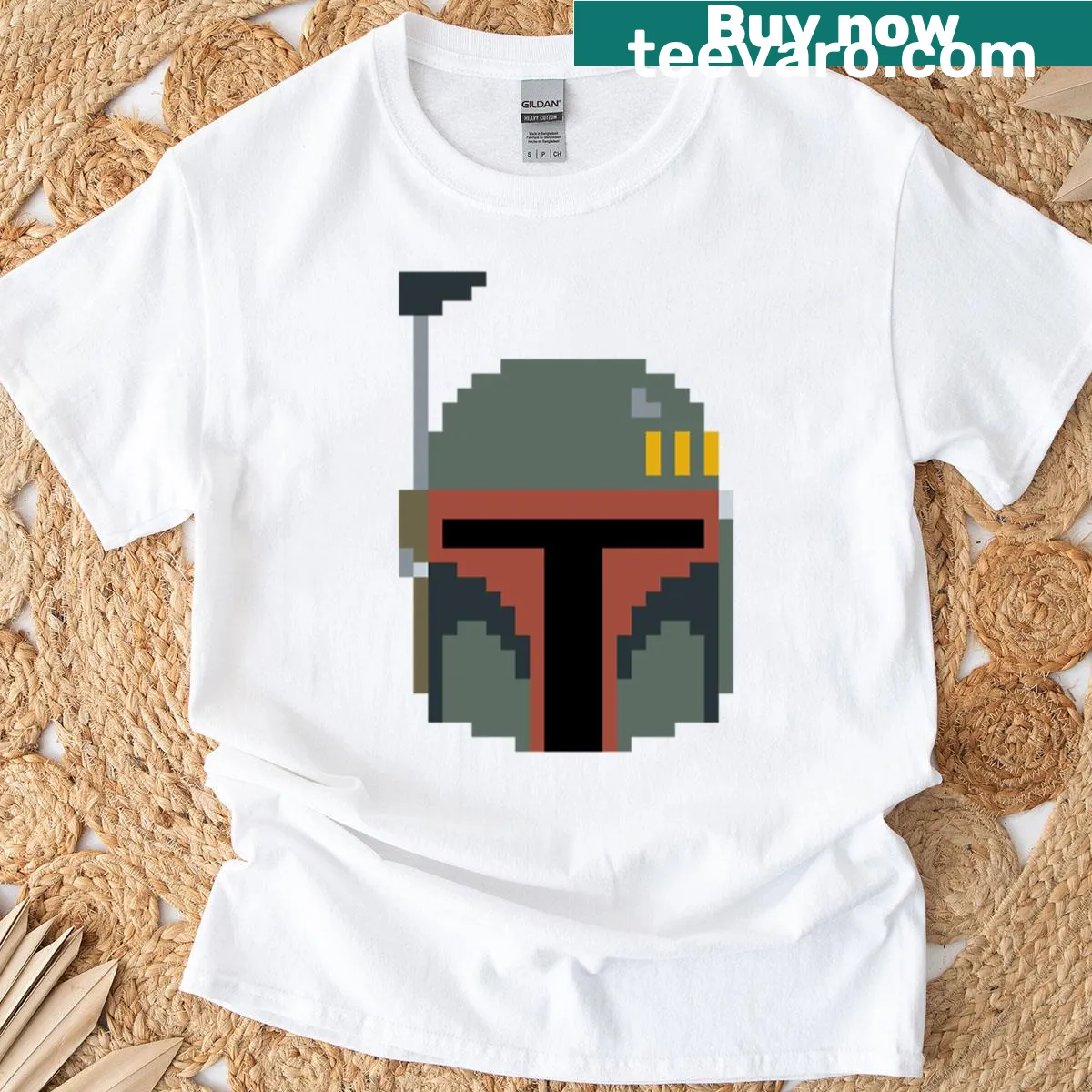 Retro 8-bit graphic of Boba Fett on a t-shirt — on a men's t-shirt