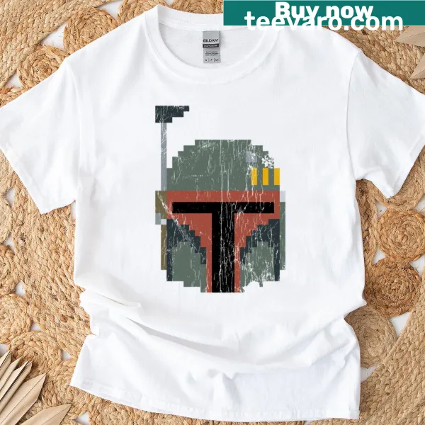 8-bit cartoon Boba Fett graphic on a worn T-shirt