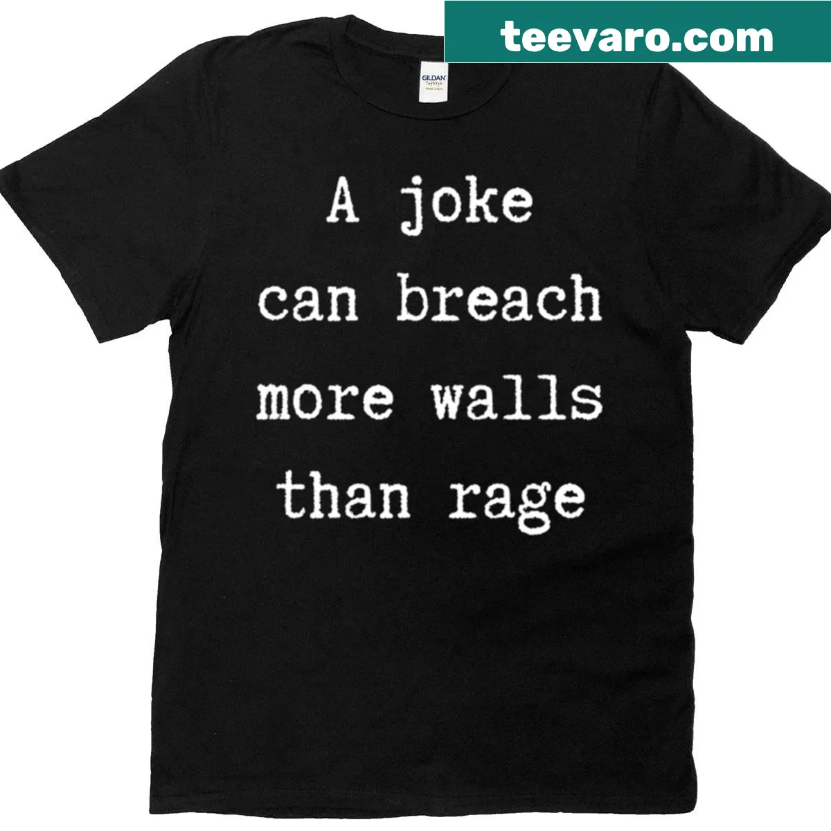 Text graphic tee with inspirational quote about humor — on a men's t-shirt