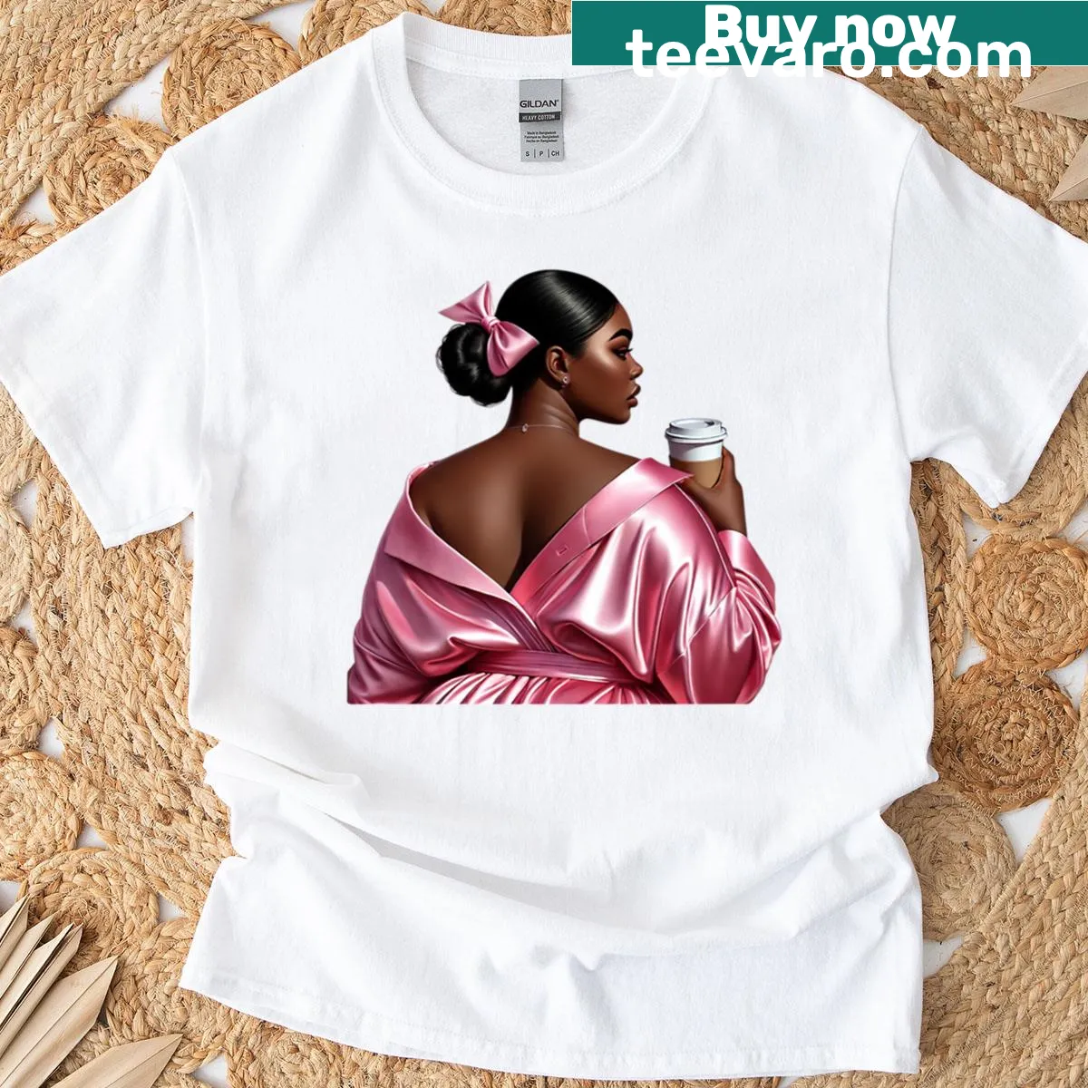 Illustration of Afro Black woman holding coffee on T-shirt — on a men's t-shirt