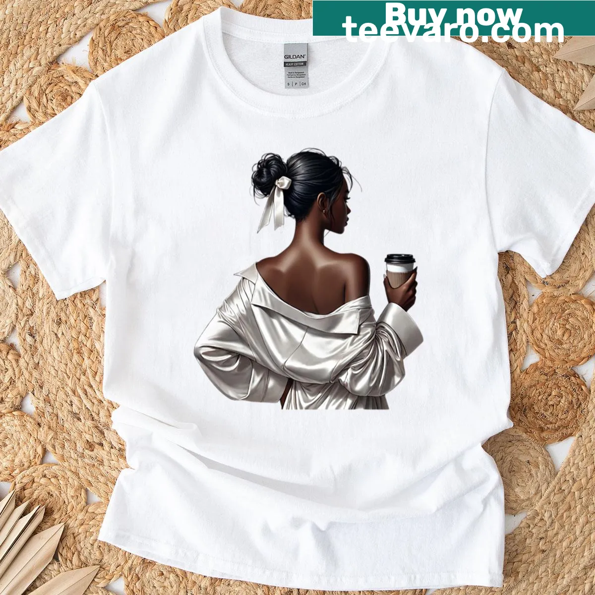 Illustrated T-shirt depicting an Afrocentric woman enjoying coffee — on a men's t-shirt