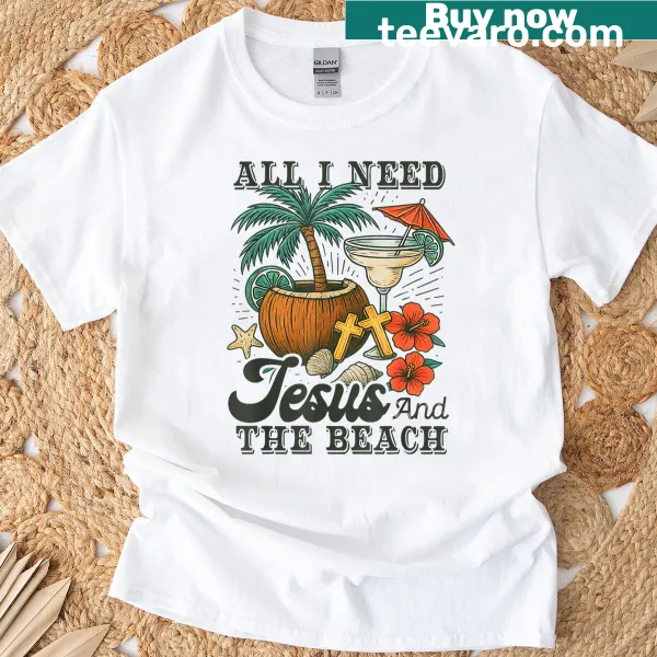 Funny Christian T-shirt with text about Jesus and the beach