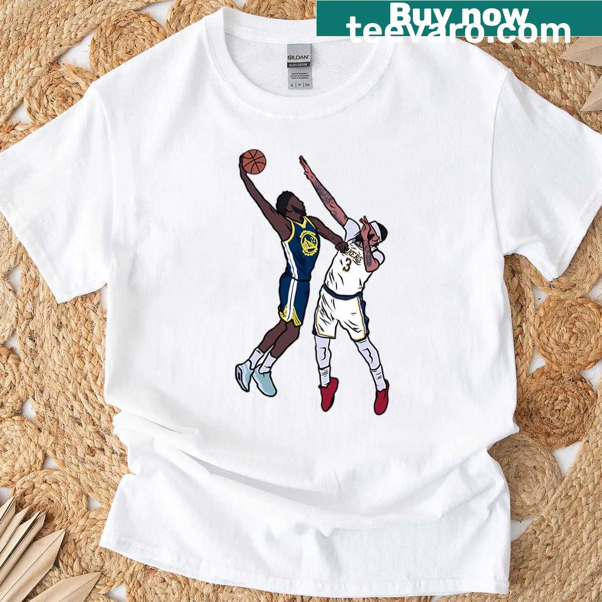 Illustrated T-shirt featuring Andrew Wiggins dunking on Anthony Davis — on a men's t-shirt