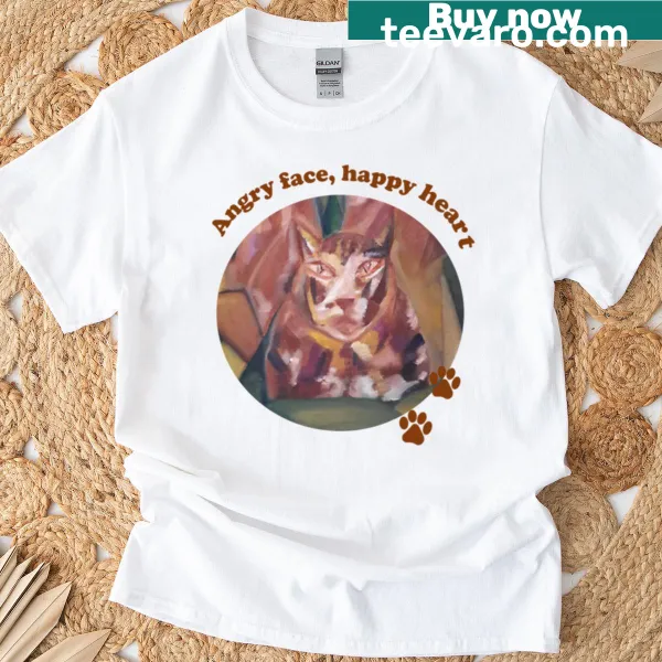 T-shirt with an angry cat face and a happy heart graphic