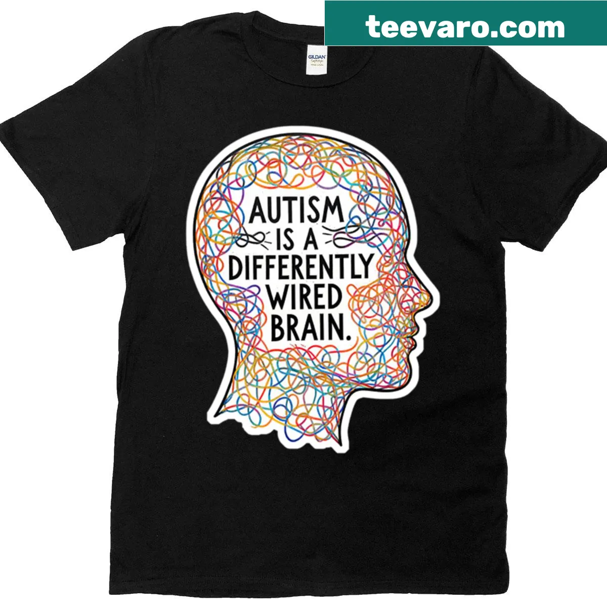 Colorful line art brain design shirt promoting neurodiversity awareness. — on a men's t-shirt