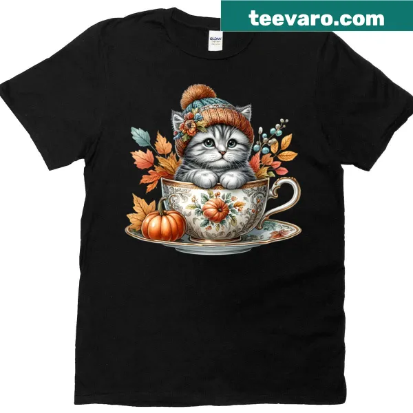 Cute kitten with autumn coffee design on a T-shirt.