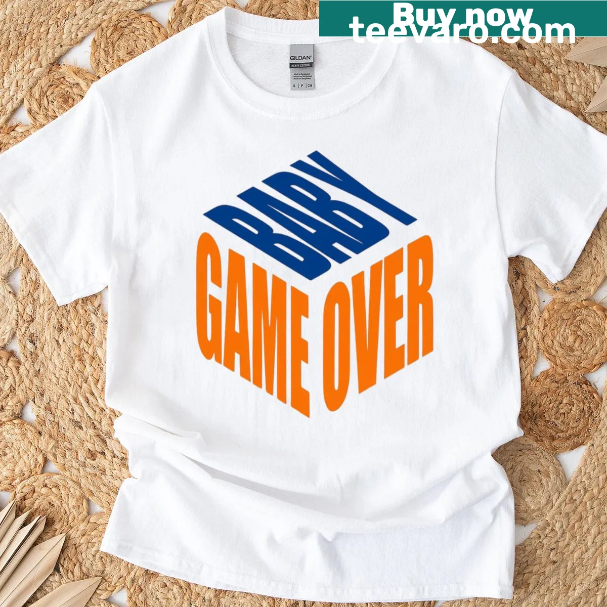 Playful T-shirt with 'Baby Game Over' text for new parents — on a men's t-shirt