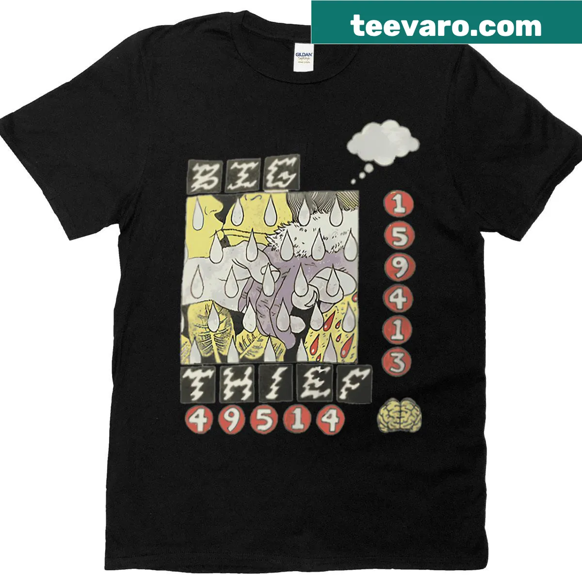 Vintage-style rock band T-shirt featuring a slide and somersault design. — on a men's t-shirt