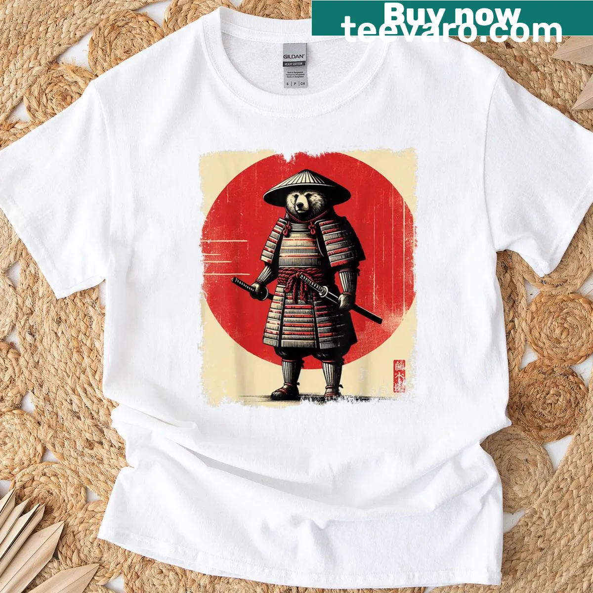 Vintage T-shirt featuring a Bear Samurai illustrated in Ukiyo-e style — on a men's t-shirt