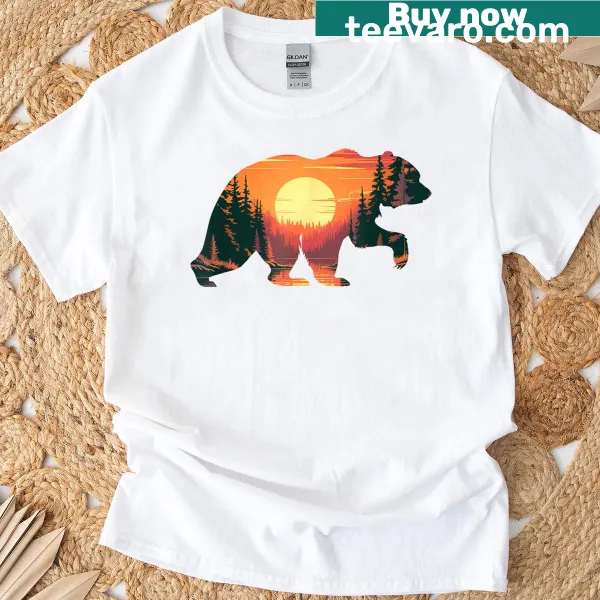 Vintage bear silhouette graphic t-shirt with forest theme for men.