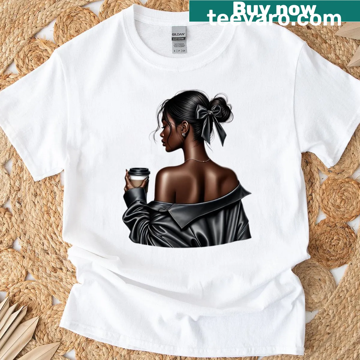 Digital art of a Black woman enjoying coffee on a cozy t-shirt — on a men's t-shirt