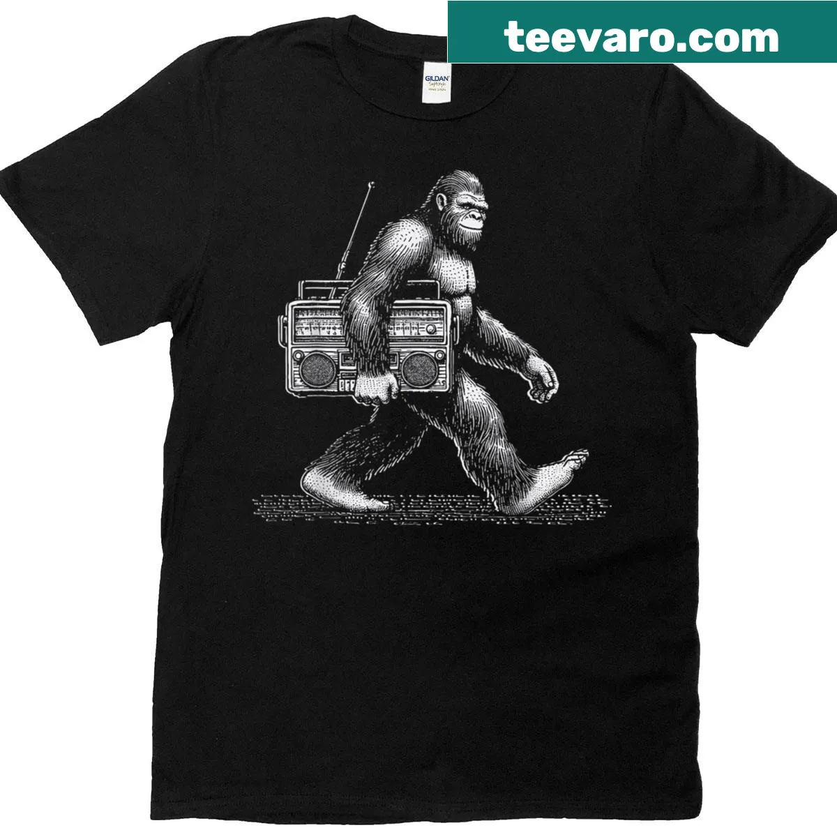 Vintage Bigfoot walking with boombox graphic T-shirt — on a men's t-shirt