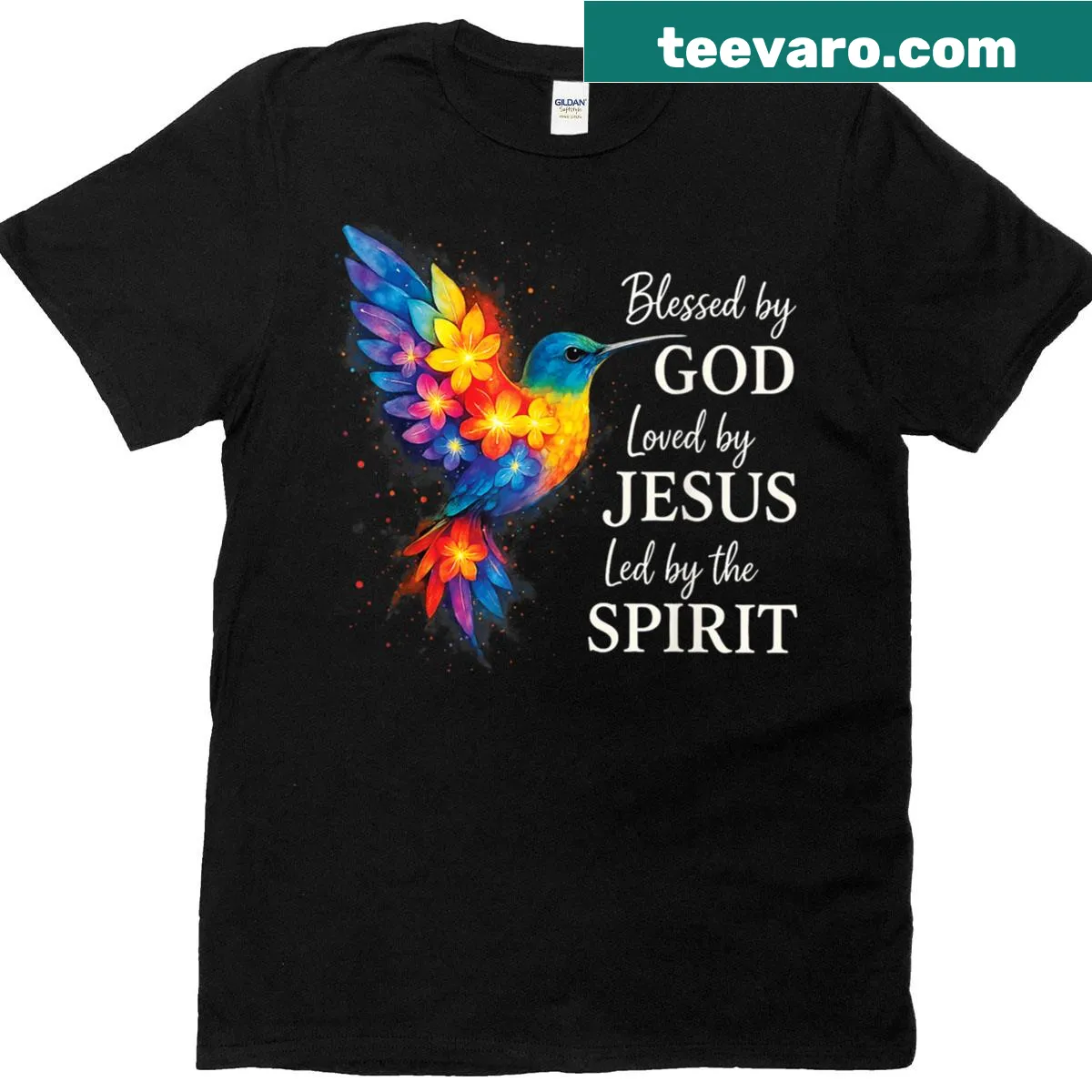 T-shirt featuring hummingbird and floral design, expressing faith. — on a men's t-shirt