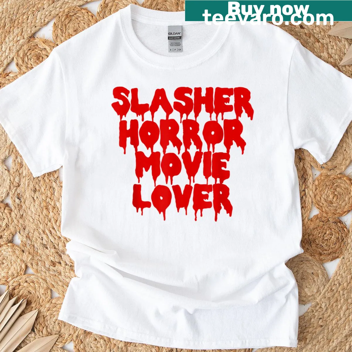 Vintage Halloween T-shirt with bloody slasher movie graphic — on a men's t-shirt