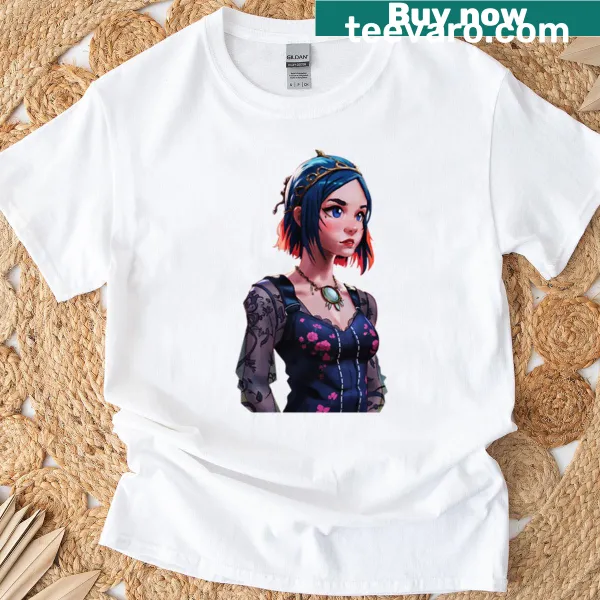 Illustration of a character in floral and lace outfit on T-shirt