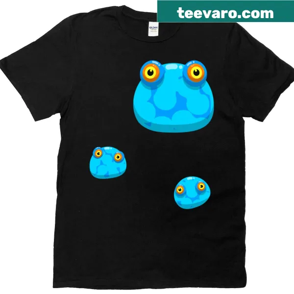 Blue T-shirt featuring a swarm of cartoon slime characters