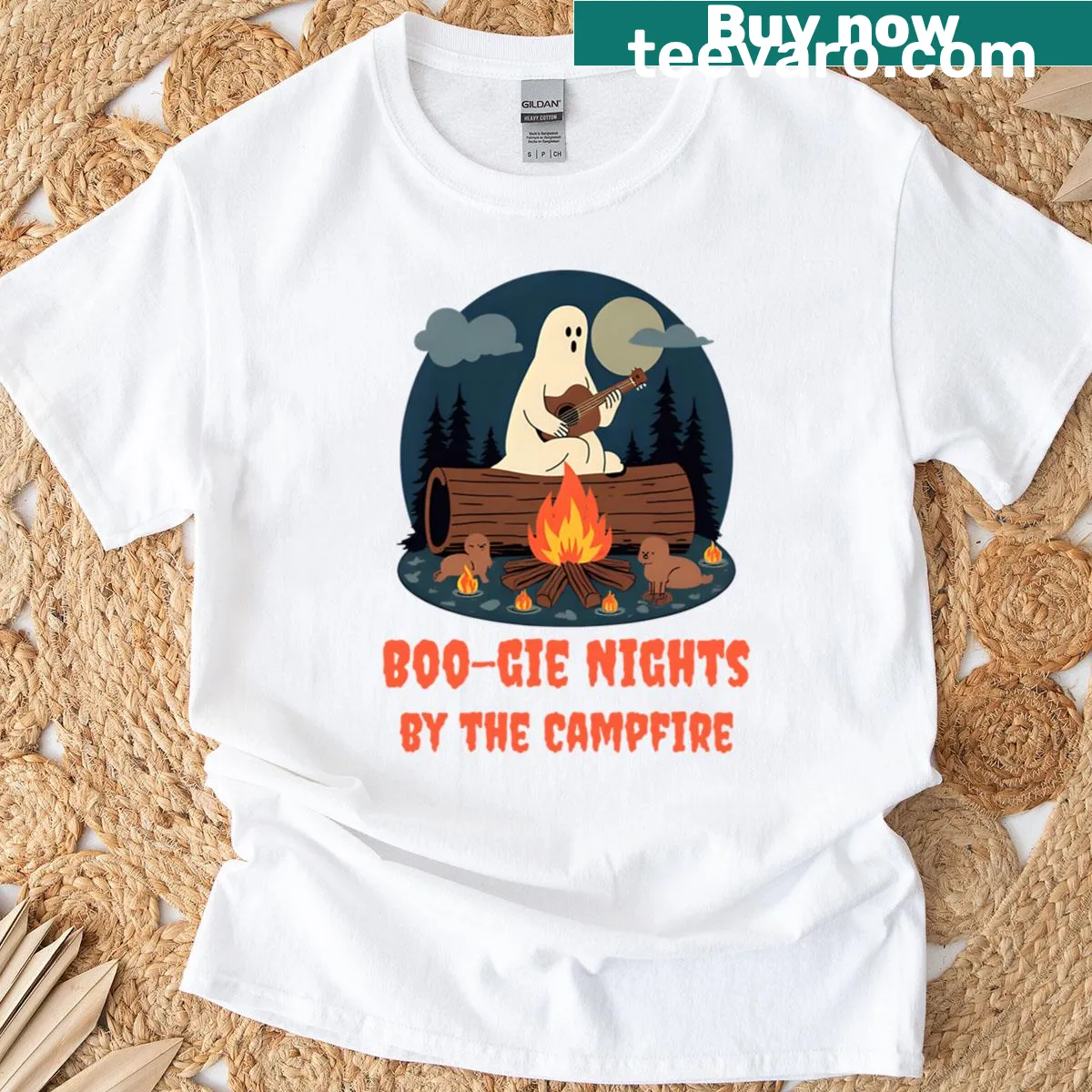 T-shirt with a ghost playing guitar by the campfire — on a men's t-shirt
