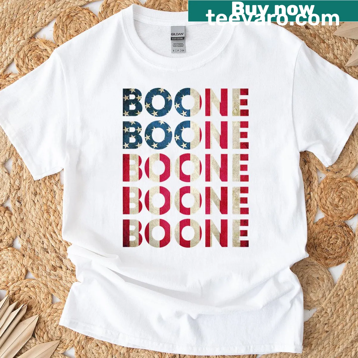 Personalized vintage US flag T-shirt with name Boone — on a men's t-shirt
