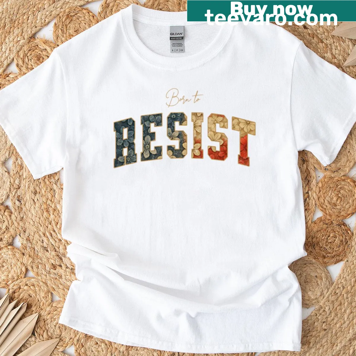 Floral artistic flag pattern on oversized feminist activism T-shirt — on a men's t-shirt