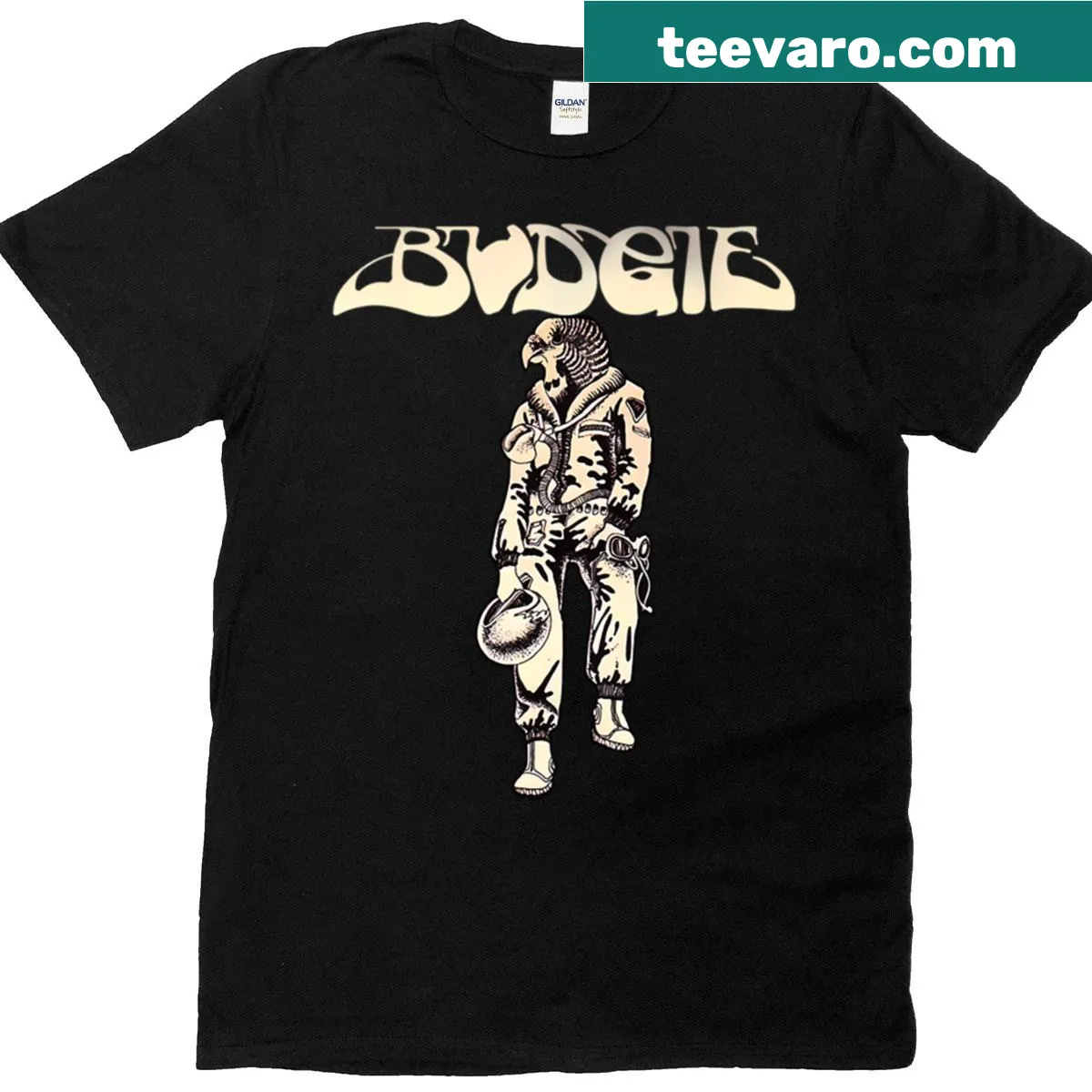 Cartoon design of budgies as a band on a whimsical nightmare — on a men's t-shirt
