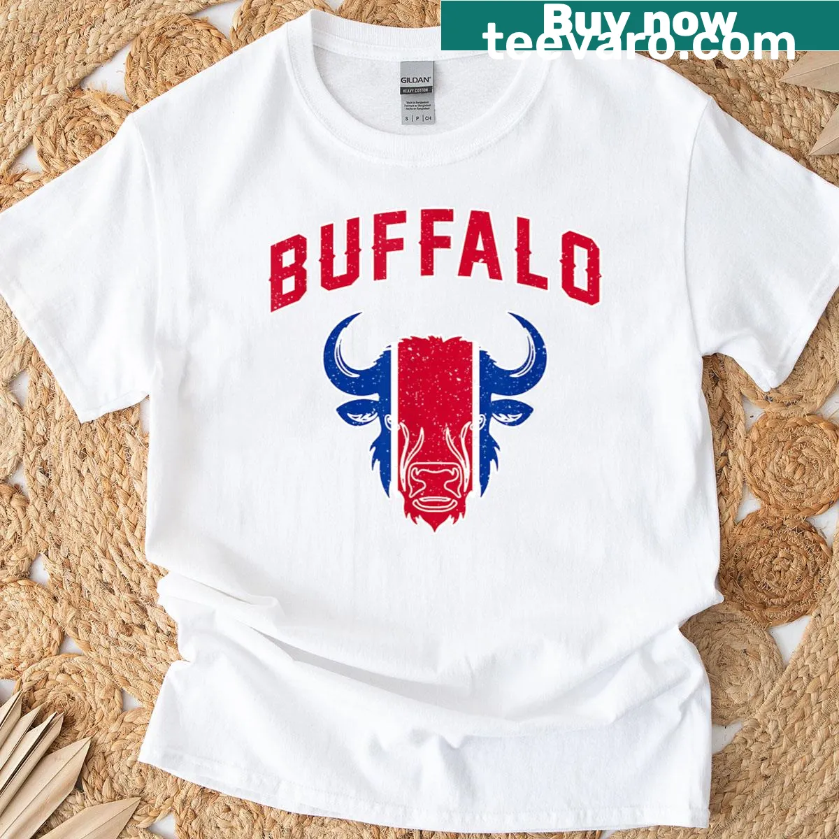 Vintage-style t-shirt featuring a bison graphic representing Buffalo New York — on a men's t-shirt