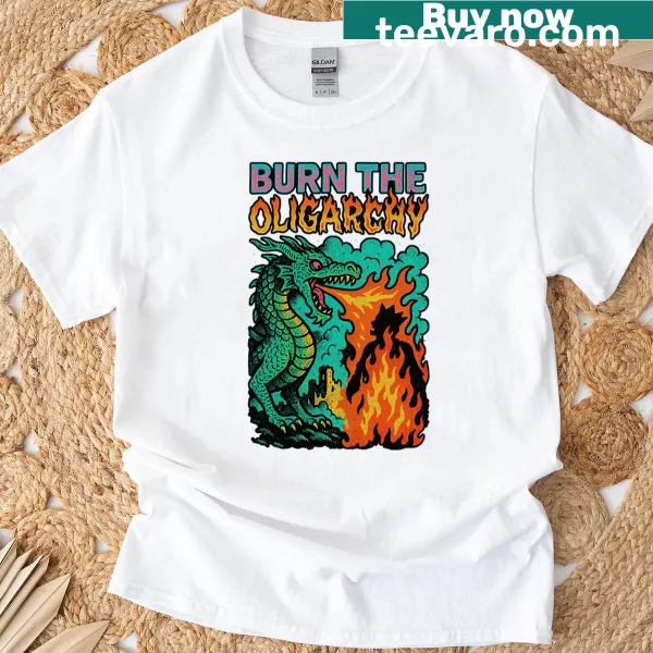 Punk style T-shirt with 'Burn The Oligarchy' and dragon graphic
