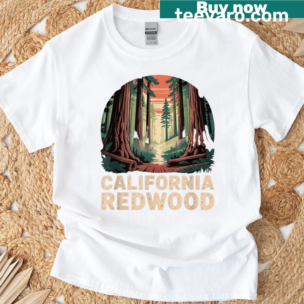 Vintage forest landscape design featuring California redwoods — on a men's t-shirt