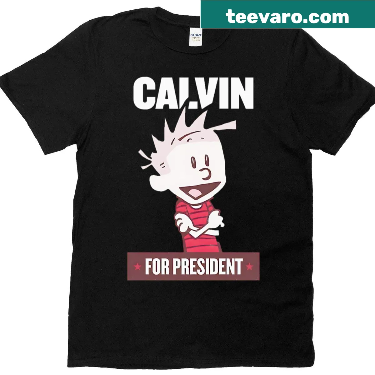 Illustrative T-shirt with Calvin For President graphic — on a men's t-shirt