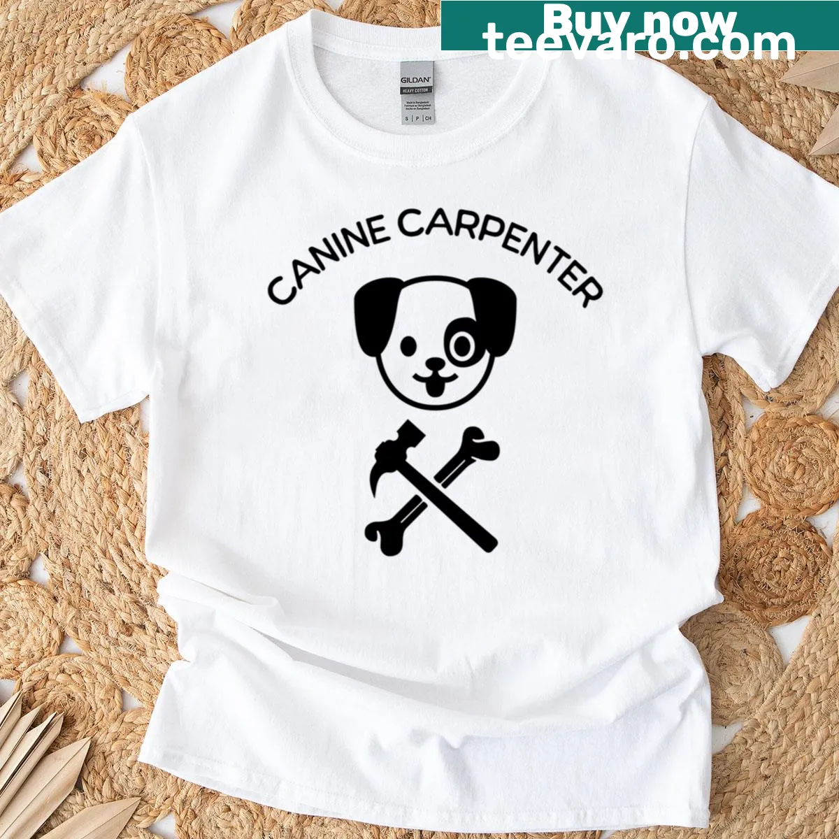 Illustration of a dog as a carpenter on a humorous t-shirt — on a men's t-shirt
