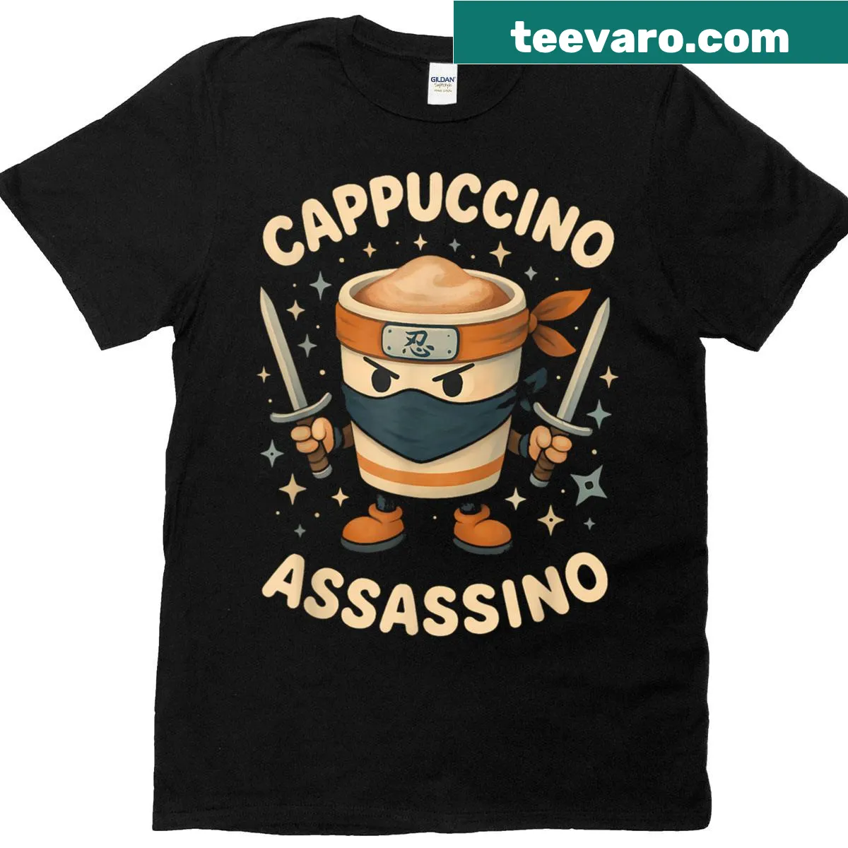 Cartoon design with humorous text about cappuccino — on a men's t-shirt