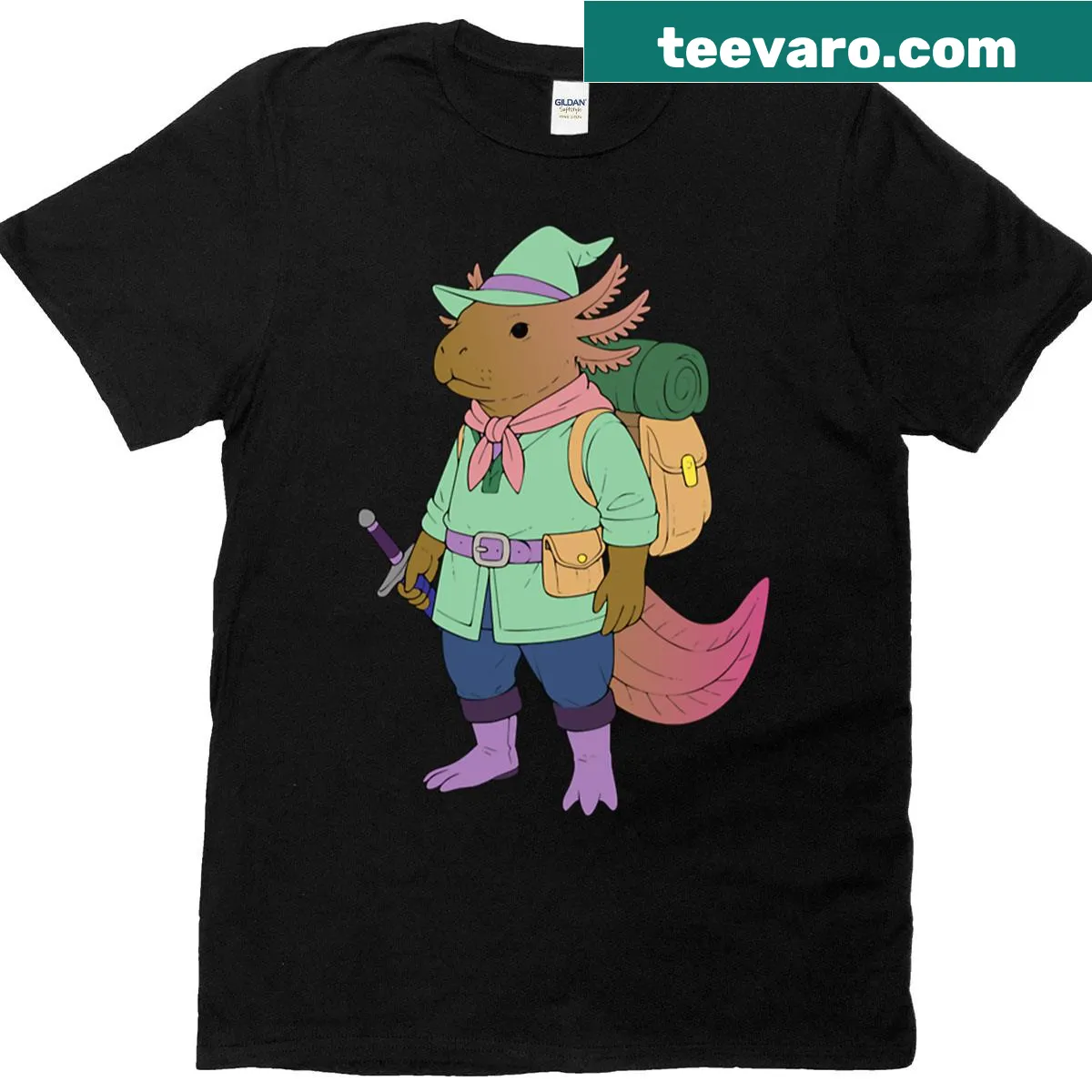 Whimsical T-shirt featuring capybara and axolotl adventure graphic. — on a men's t-shirt