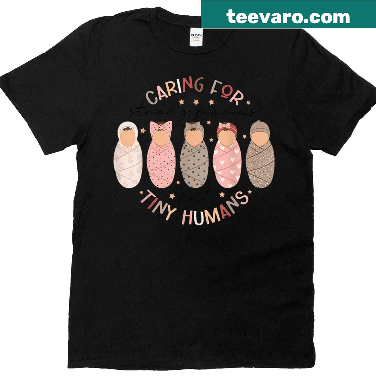 Illustrated NICU nurse t-shirt depicting strong mothers and tiny humans — on a men's t-shirt