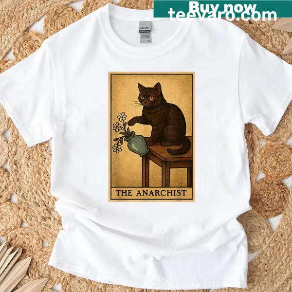 Illustrated cat tarot card graphic on a t-shirt