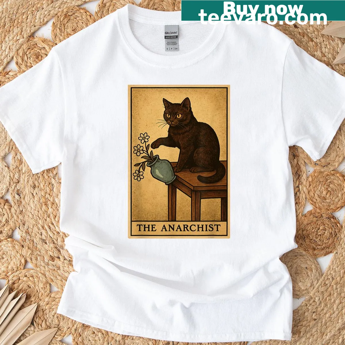 Illustrated cat tarot card graphic on a t-shirt — on a men's t-shirt