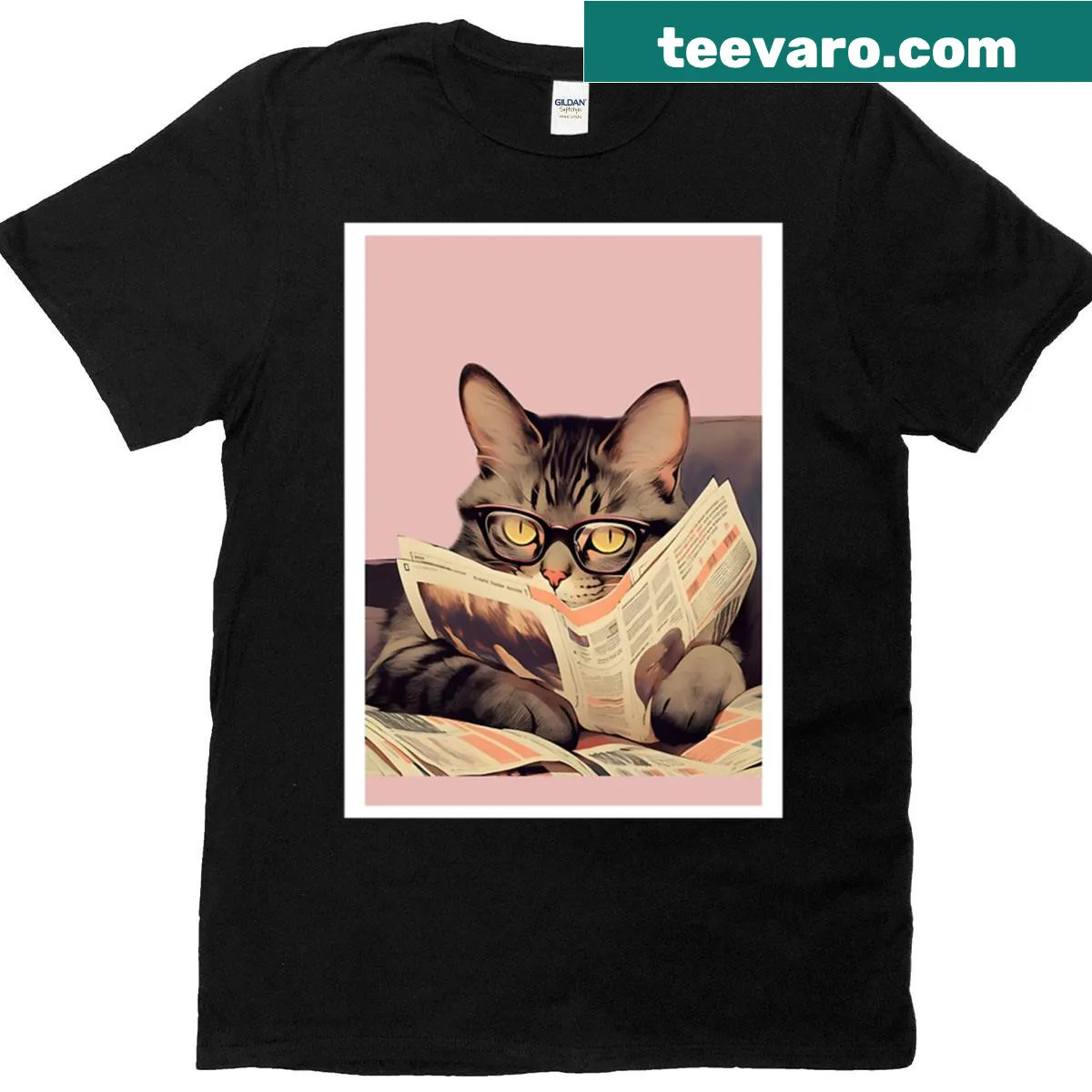 T-shirt featuring a cat reading books in a playful design — on a men's t-shirt