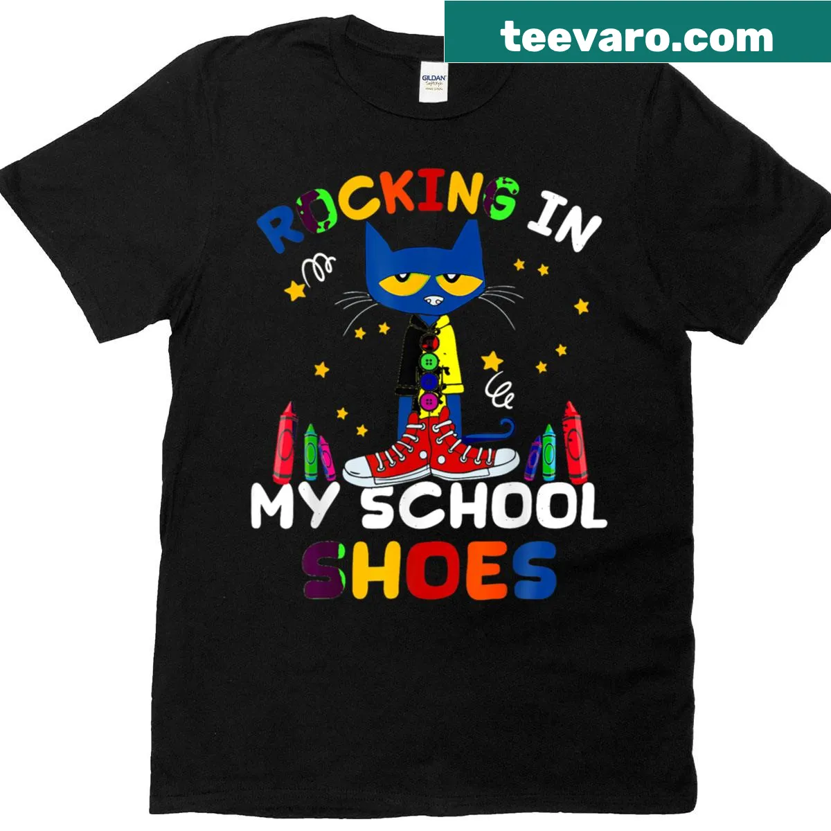Cartoon cat wearing school shoes design on a T-shirt — on a men's t-shirt