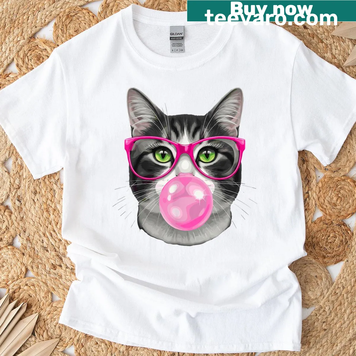 Funny cat T-shirt with a cartoon cat in glasses and bubblegum — on a men's t-shirt