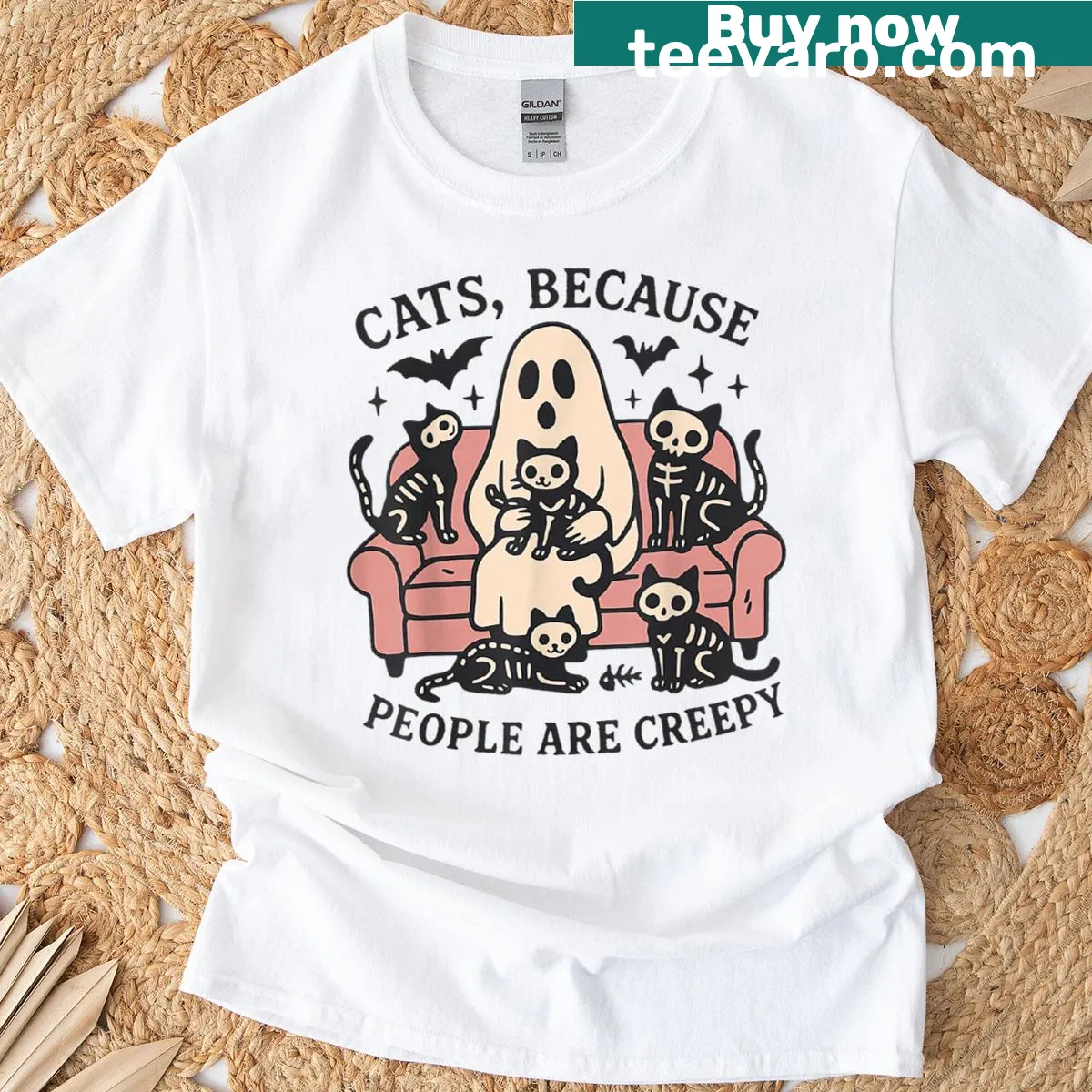 Humorous Halloween T-shirt for cat moms with ghostly cat graphics — on a men's t-shirt
