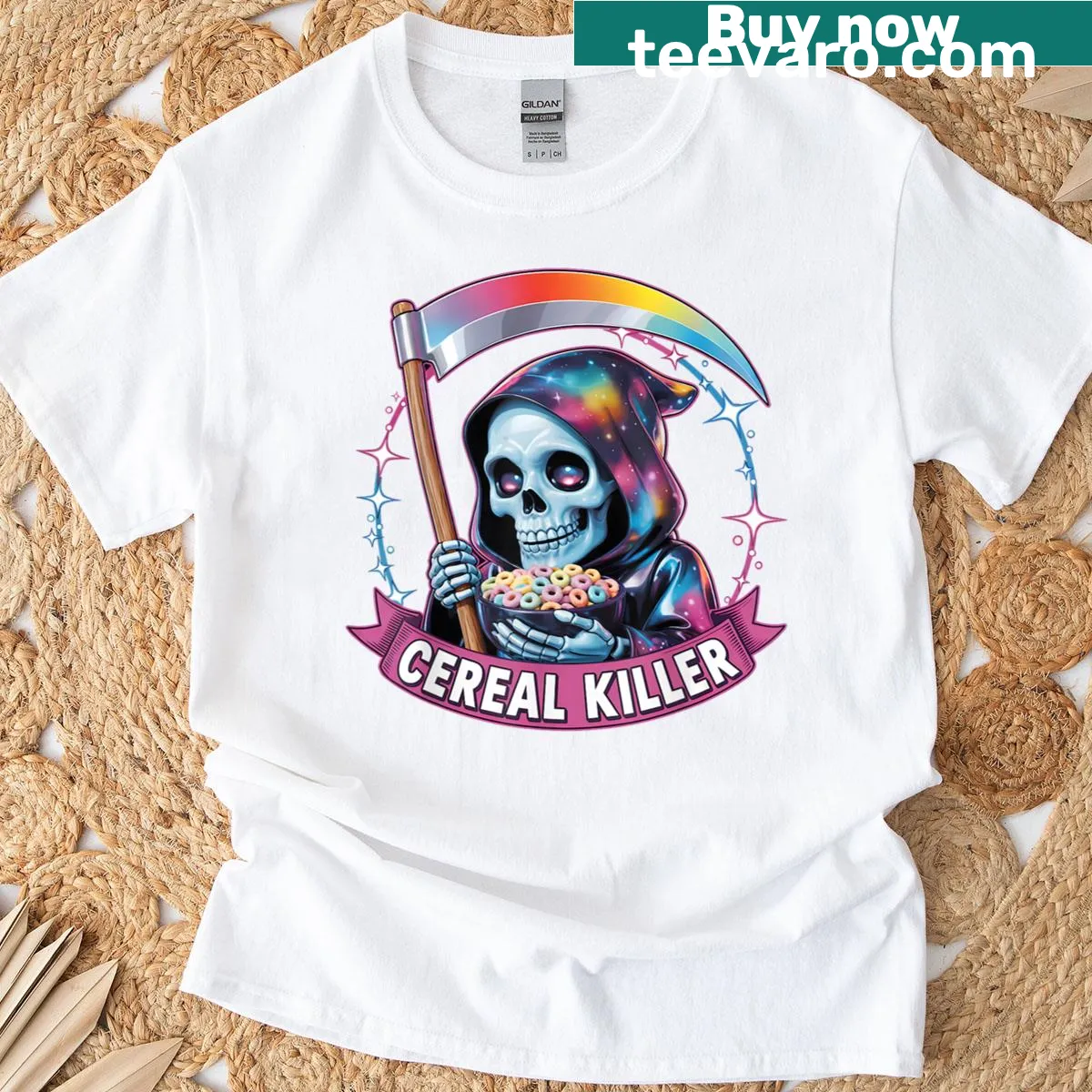 Funny Halloween T-shirt featuring a cereal-themed Grim Reaper — on a men's t-shirt