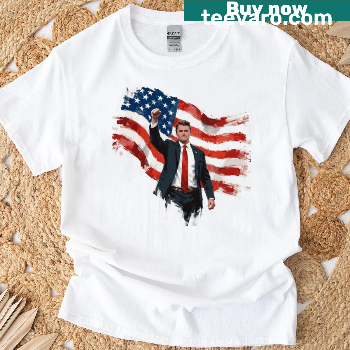 American flag graphic t-shirt with Charlie Kirk branding — on a men's t-shirt