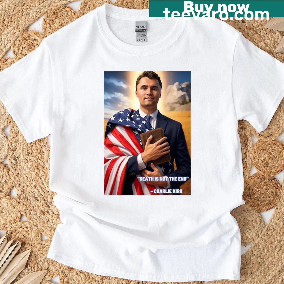 T-shirt with an illustration of Charlie Kirk in a wheat field — on a men's t-shirt