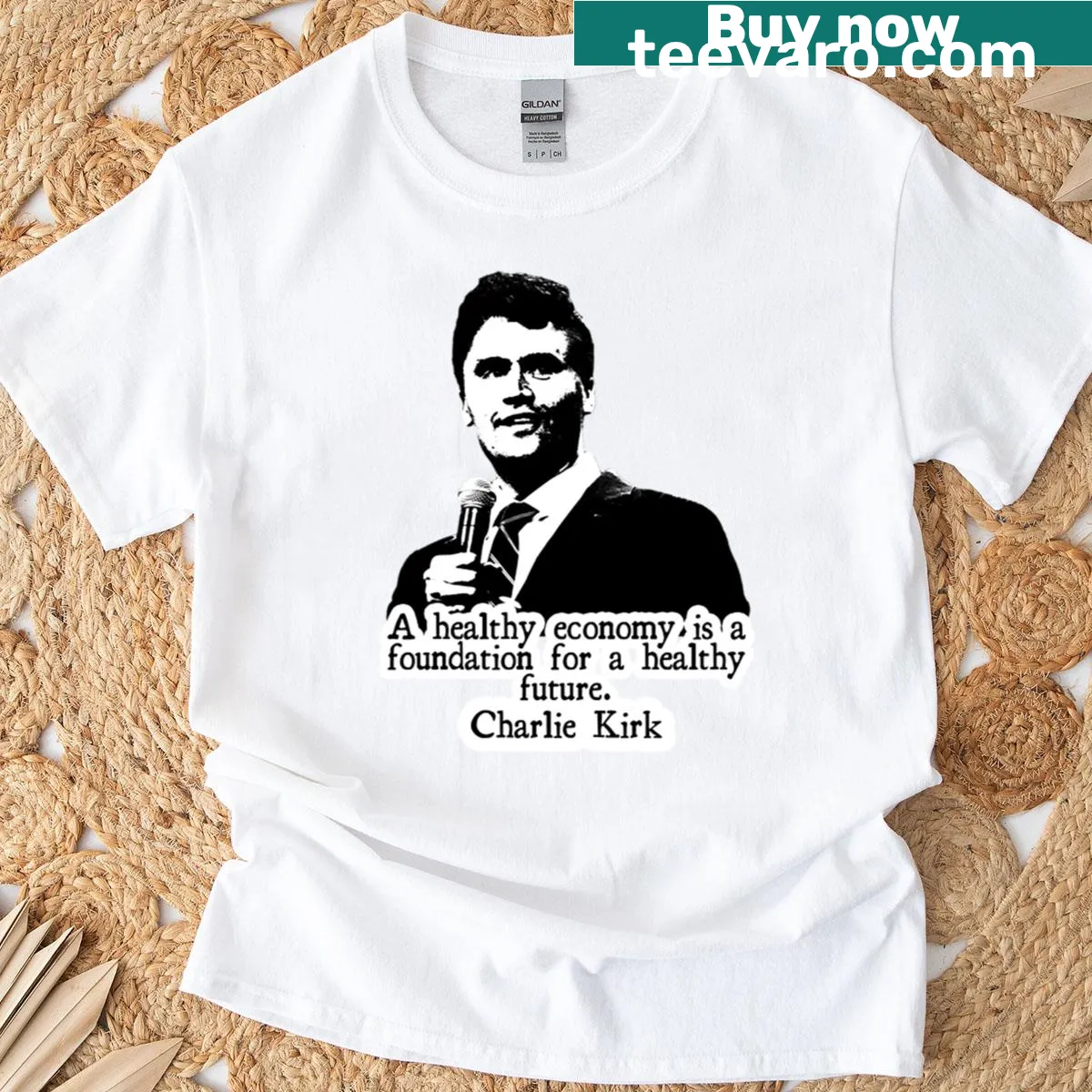 T-shirt featuring Charlie Kirk photo sticker design — on a men's t-shirt