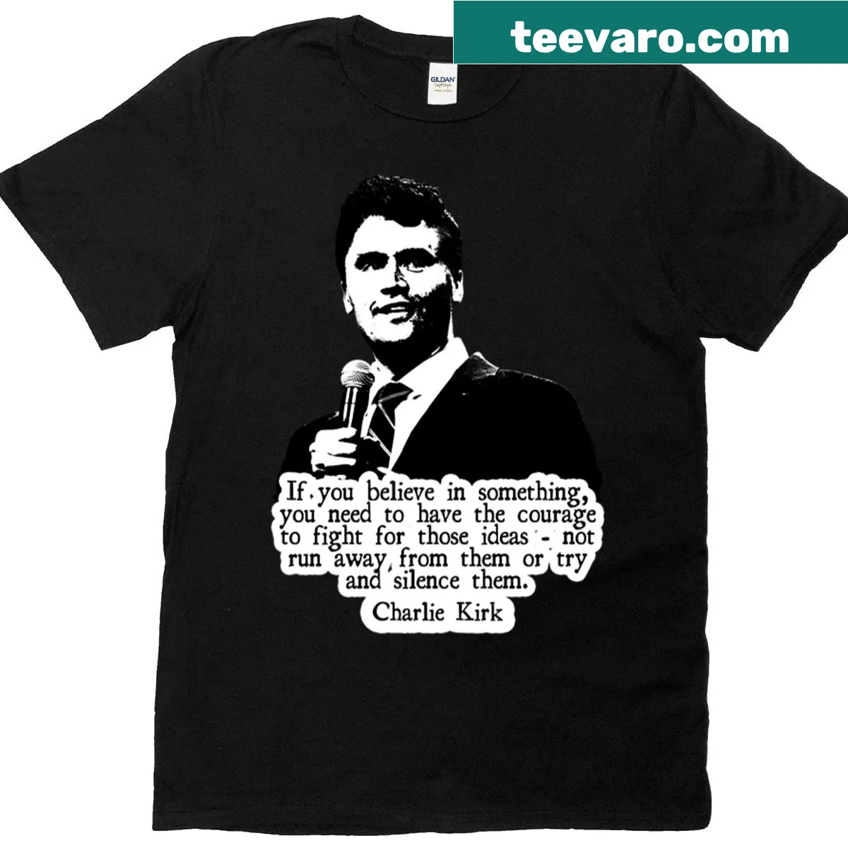 Illustrative design featuring Charlie Kirk promoting conservative values. — on a men's t-shirt